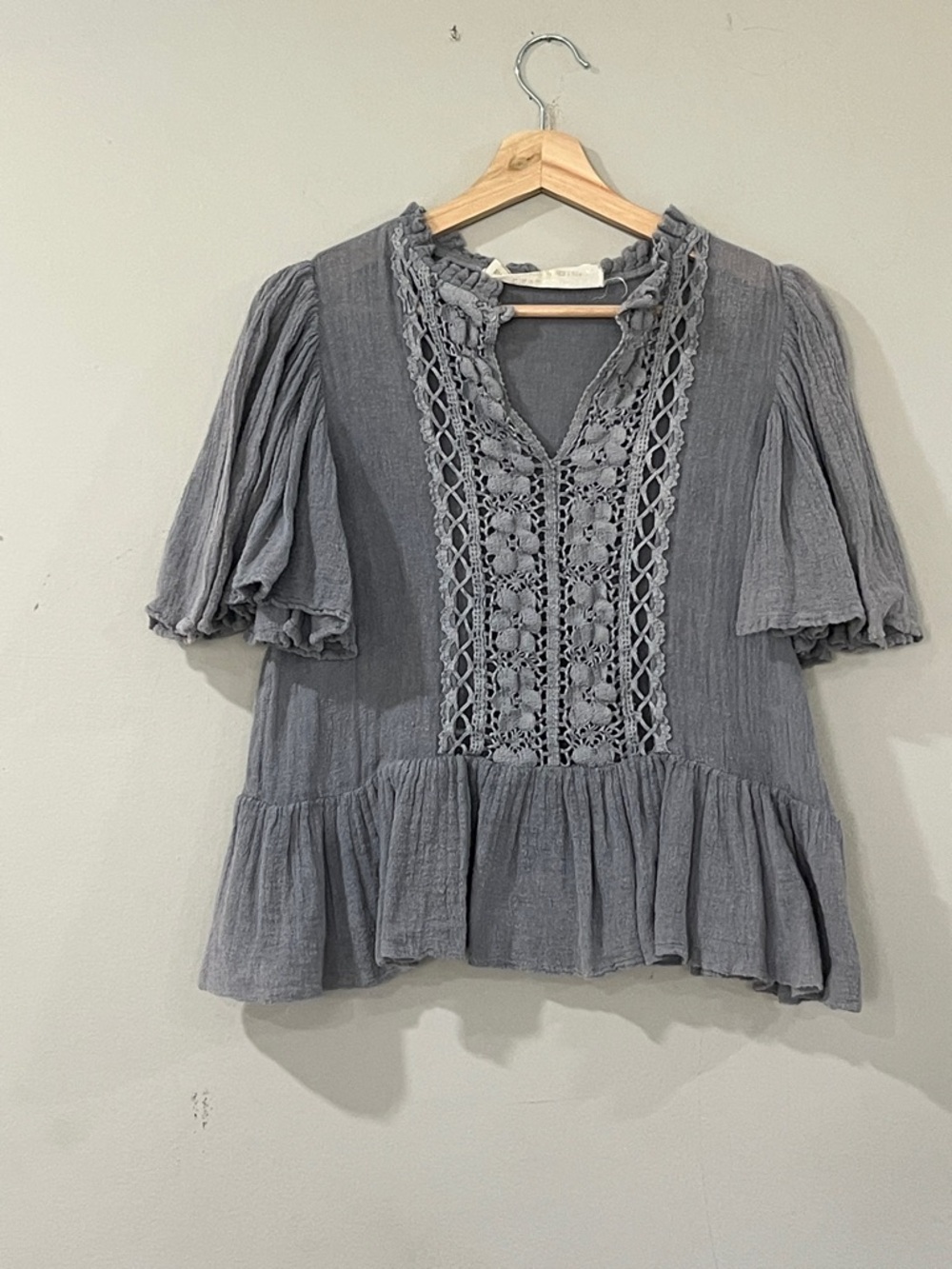 Jen's Pirate Booty Gray Crochet-Front Peplum Top